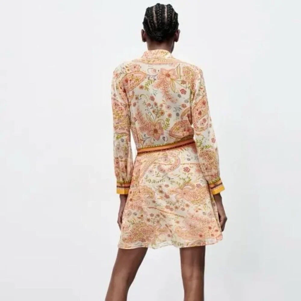 NWOT ZARA Printed Boho Tied Floral Mini Summer Dress Sz S - Picture 3 of 10